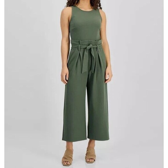 Bar III Petite Women's Sleeveless Crewneck Tie-Waist Jumpsuit Olive Green P/S - Picture 1 of 8
